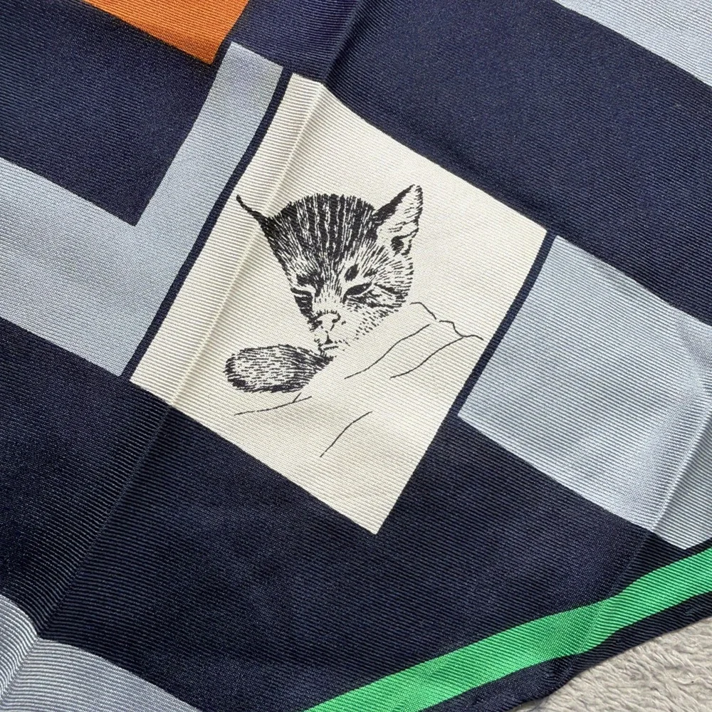 VTG Chessie Navy Blue Sleeping Kitty Silk Scarf Cat 26x26